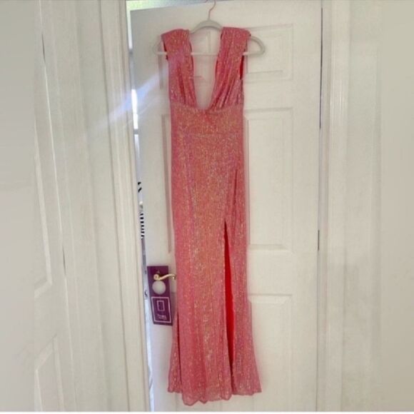 New Deep V-Neck Open Back Pink Reflective Elastic Sequin DRESS Size XS - Picture 5 of 10
